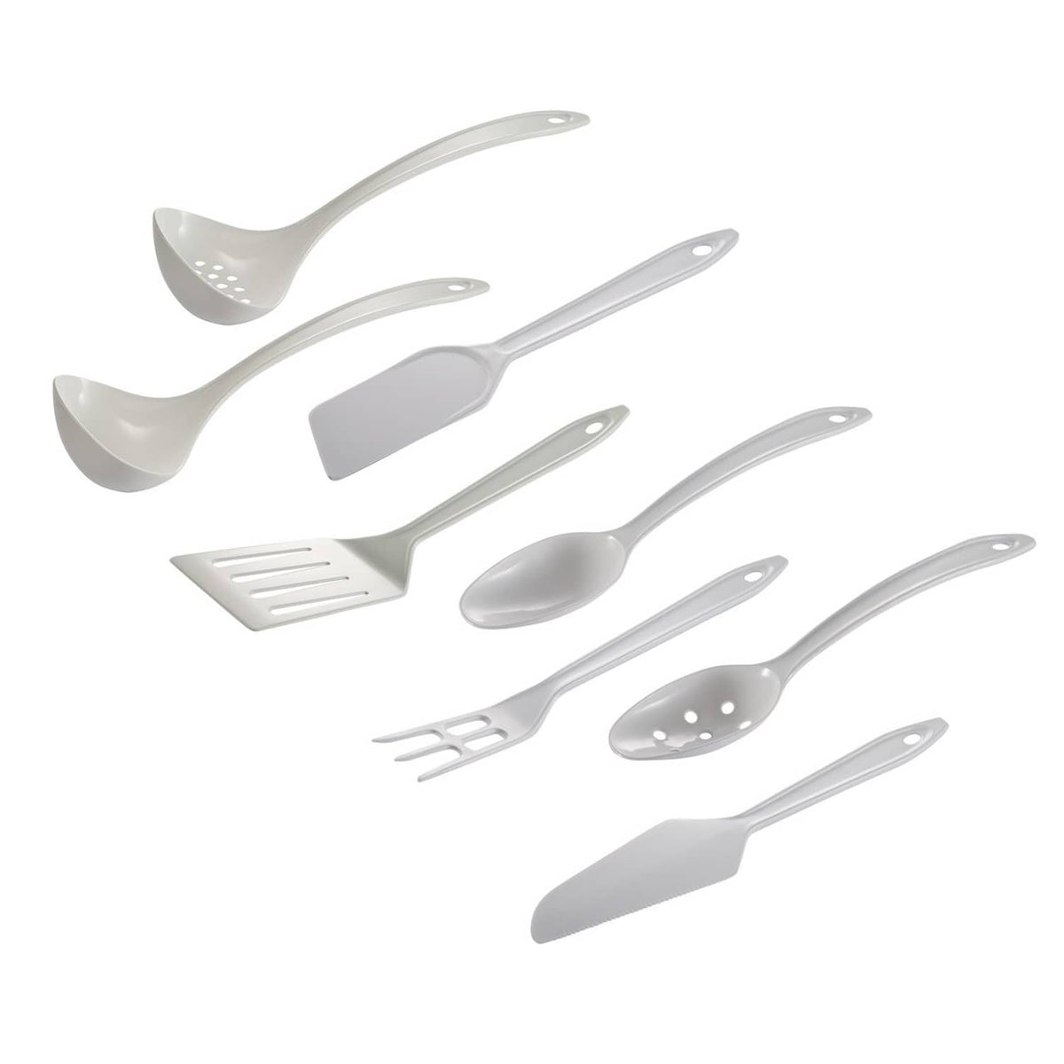 White plastic utensil set with spoon, fork, spatula, slotted skimmer and knife tools