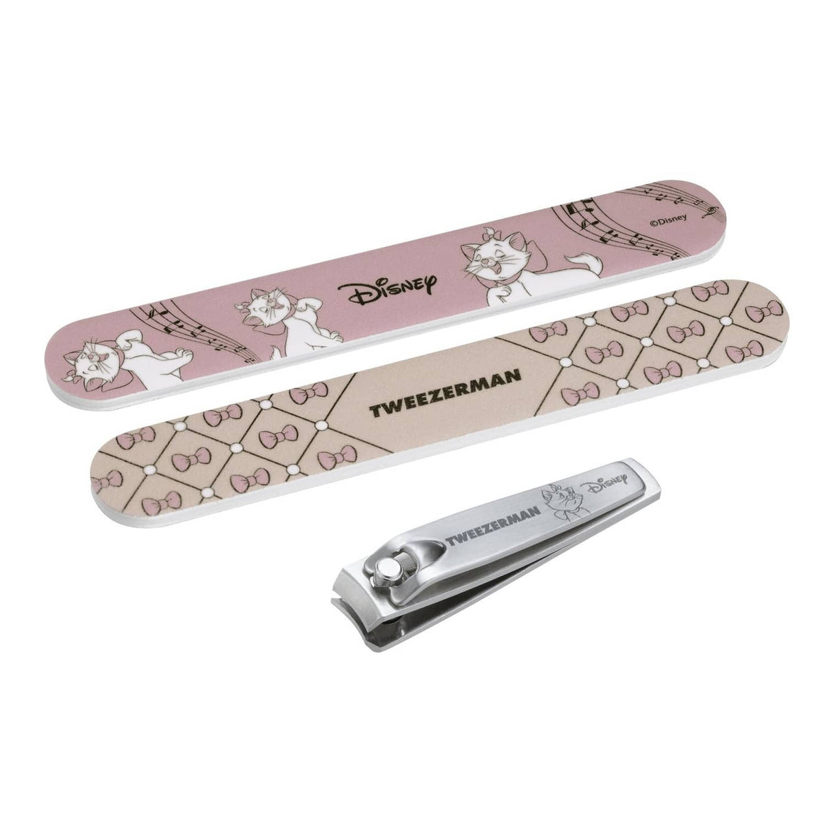 Pink Disney manicure case with cats print and nail clipper inside