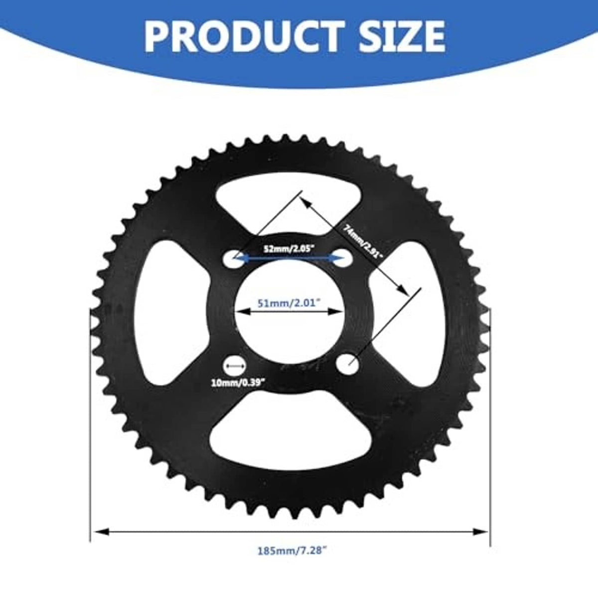 Black toothed go-kart sprocket wheel with 4-spoke cutouts.