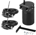 Black oil catch can with hoses and fittings, cylindrical tank and mounting bracket kit