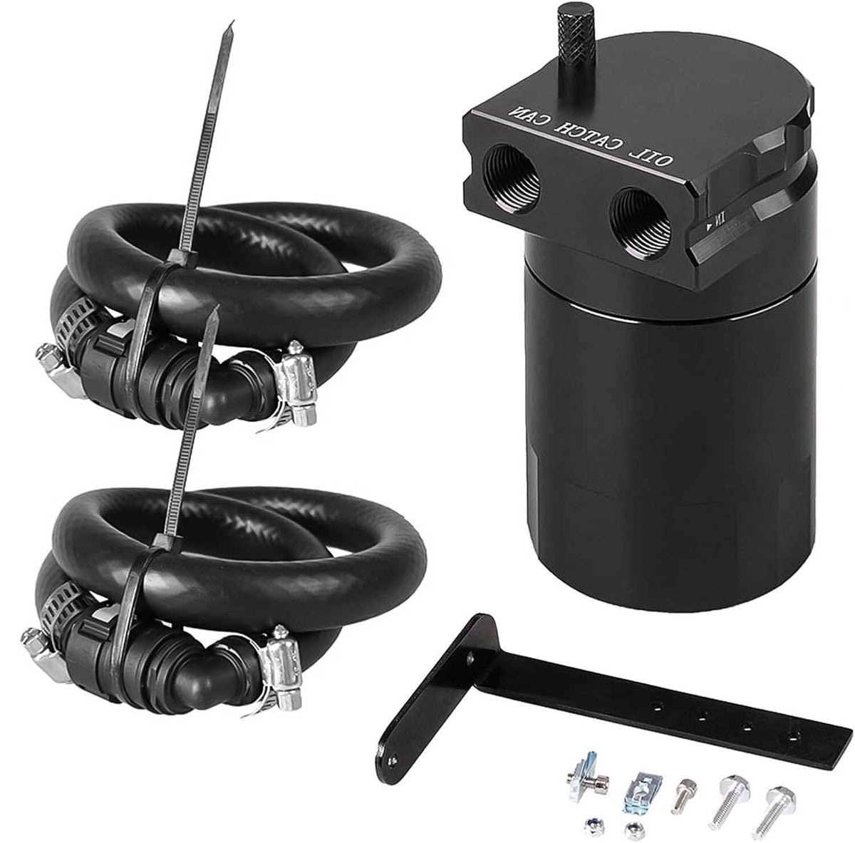 Black oil catch can with hoses and fittings, cylindrical tank and mounting bracket kit
