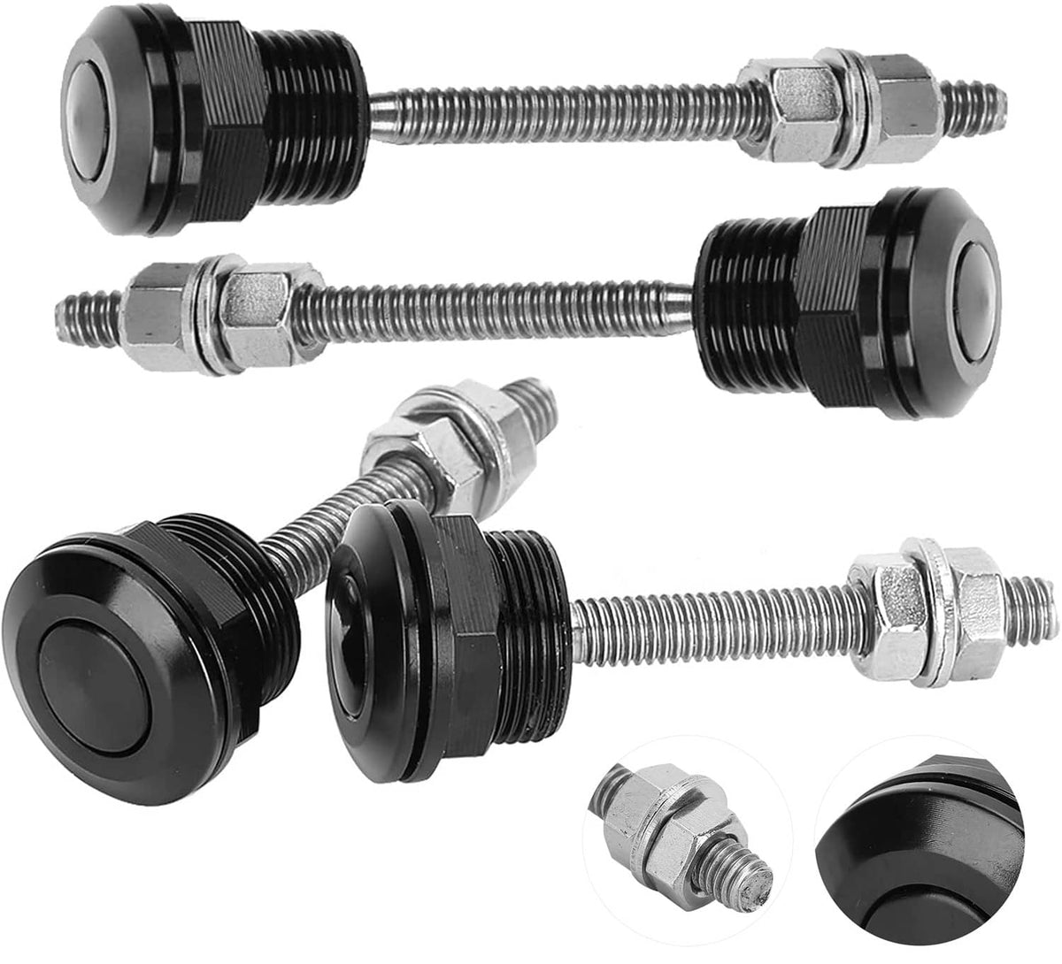 4-piece push-button hood latch pins with black bases and silver threaded bolts