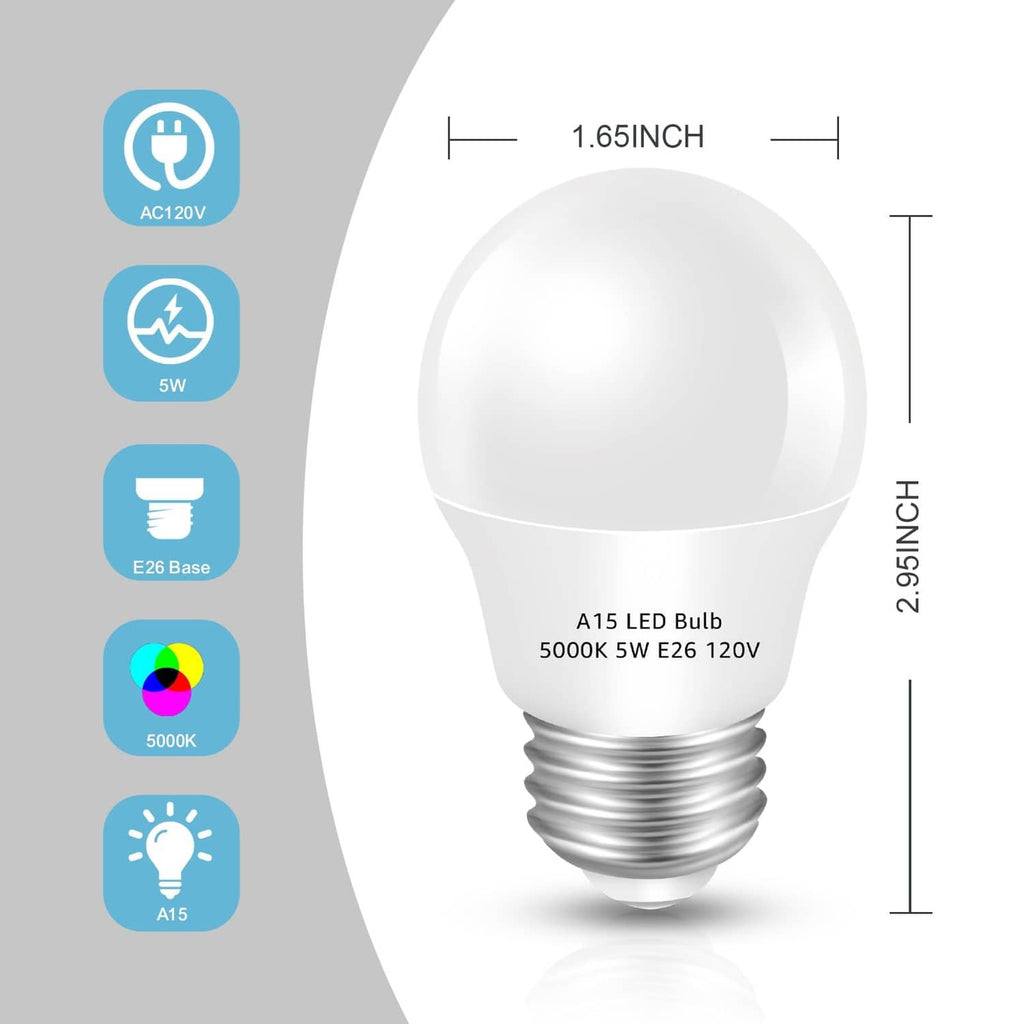 A15 LED bulb, E26 base, 5W 5000K, AC120V, 2.95 in height