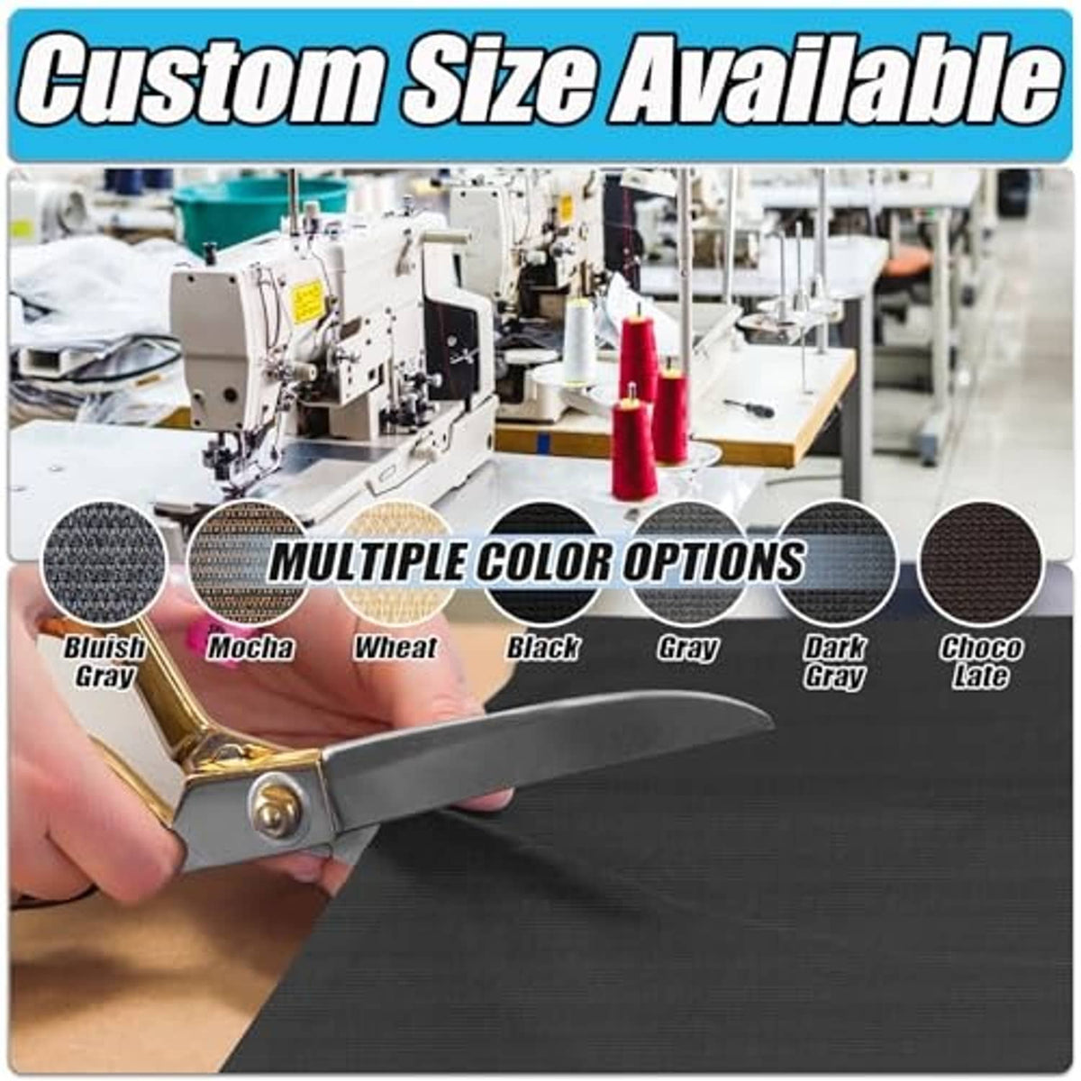 Shade cloth fabric roll with clip, shows multiple color options