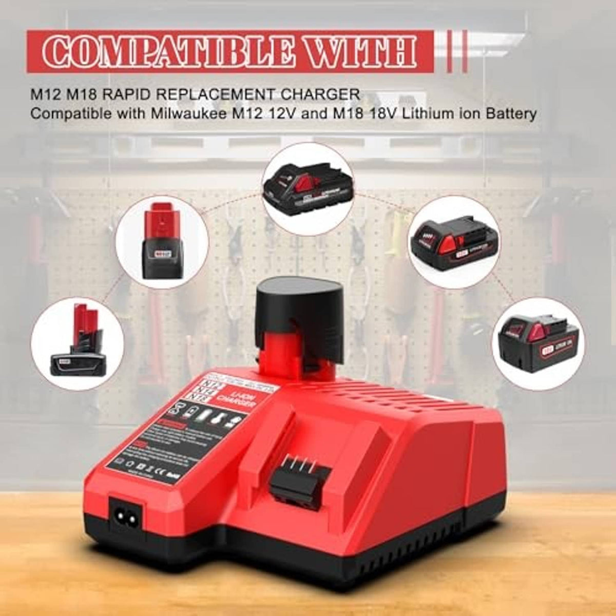 Red battery charger base with dock and side terminals for M12/M18 lithium batteries