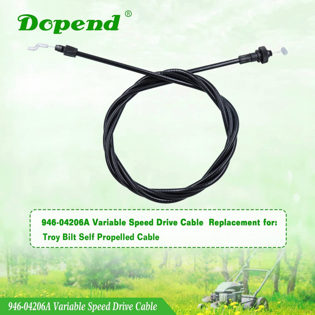 Black variable speed drive cable with two end fittings, looped and stretched