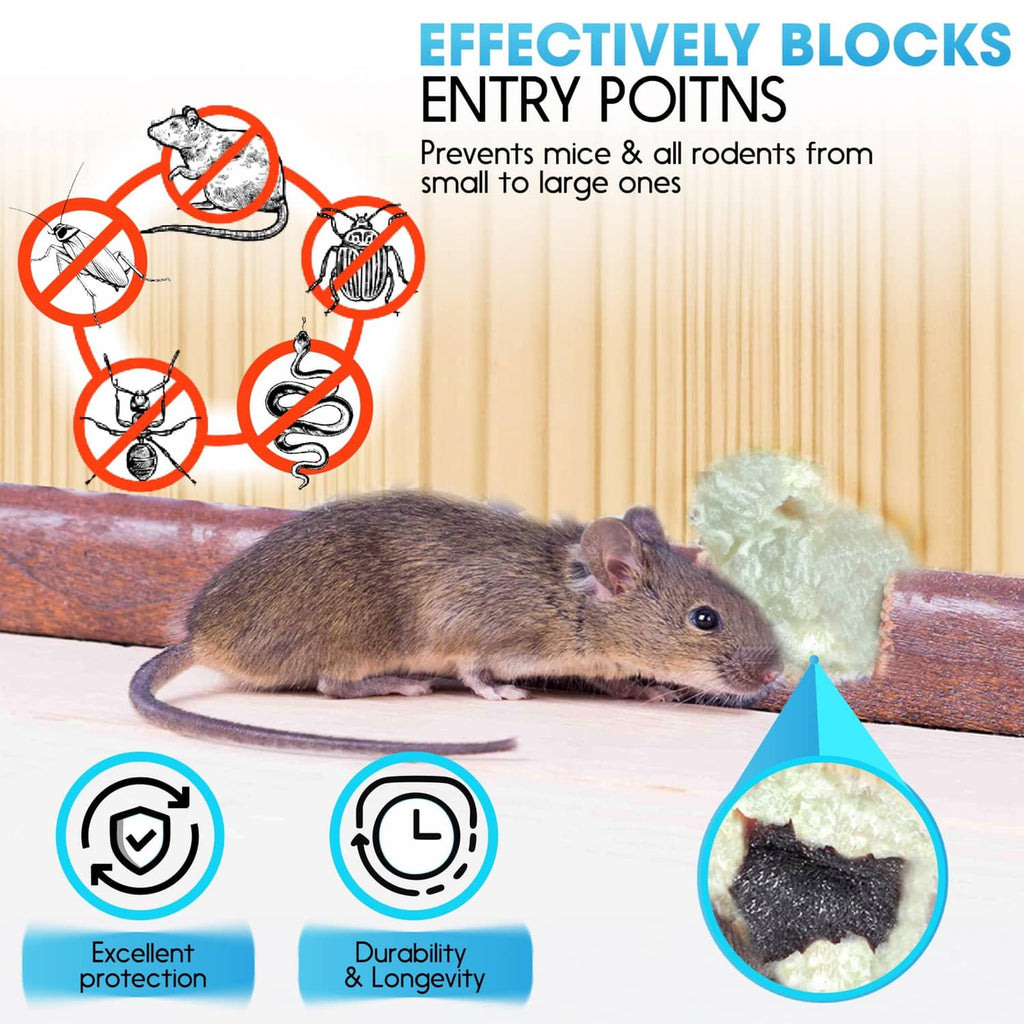 Rodent barrier kit with gray steel wool and PU foam, shown blocking rodent entry points