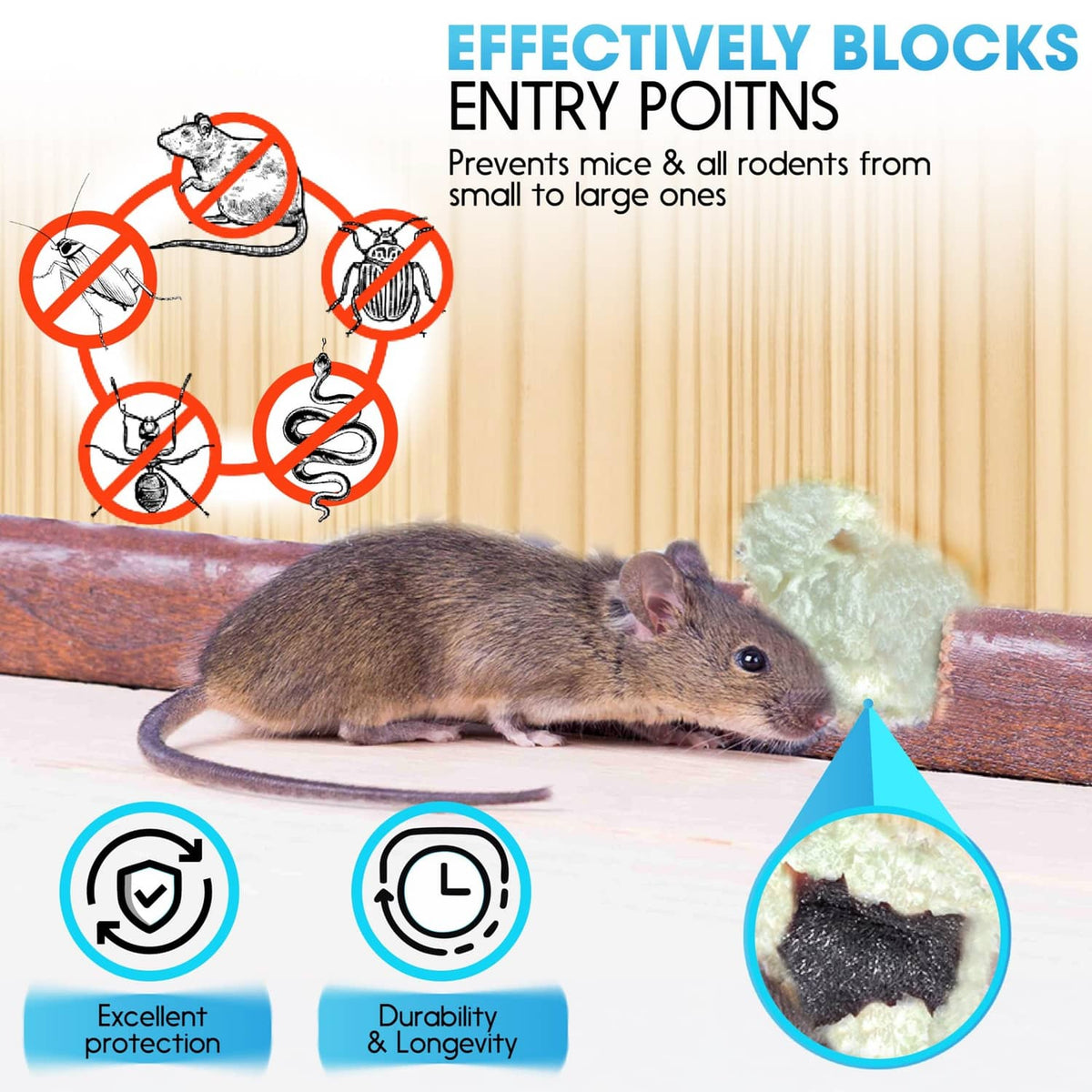 Rodent barrier kit with gray steel wool and PU foam, shown blocking rodent entry points