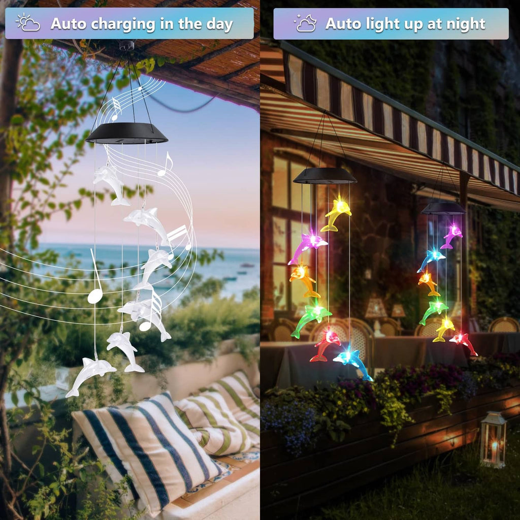 Solar dolphin wind spinner lights auto-charge in day and glow at night on porch