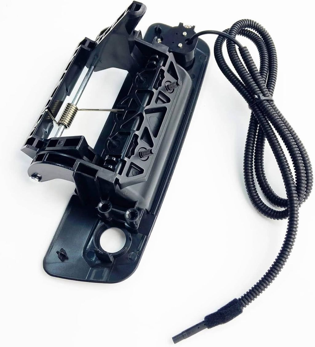 Tailgate handle backup camera with open housing and attached cable harness