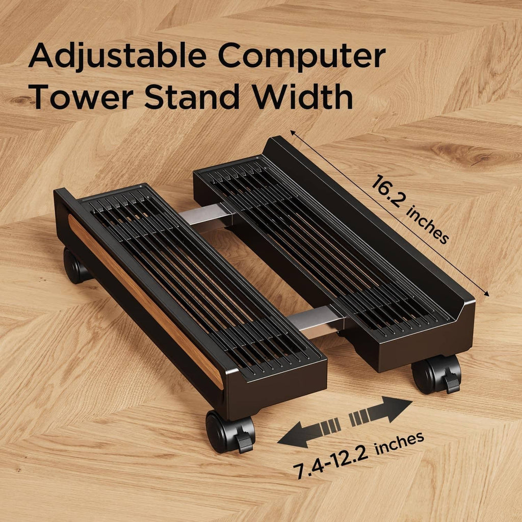 Adjustable computer stand with two vented platforms, black frame, wood trim, caster wheels