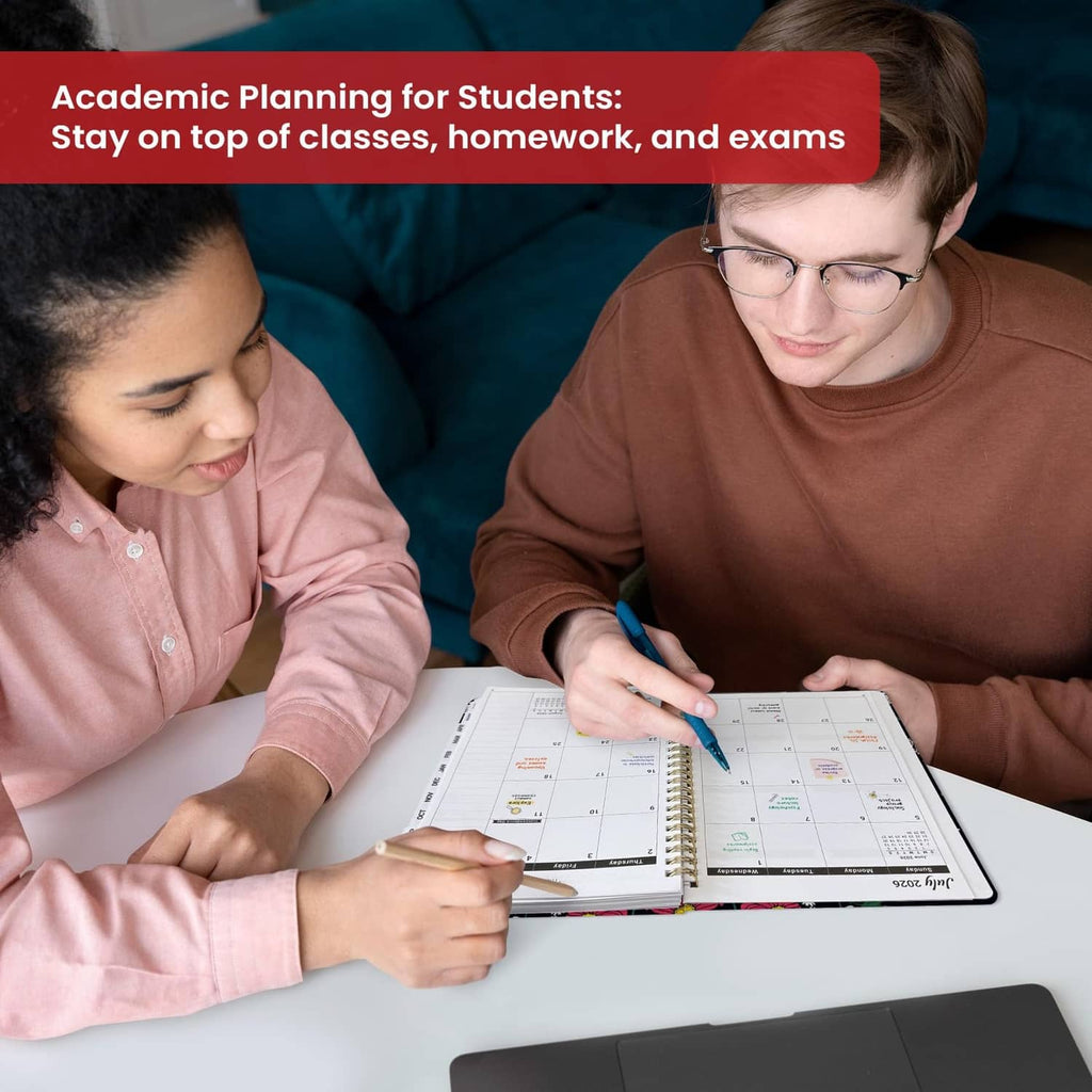 Student writing in a floral academic planner during study planning