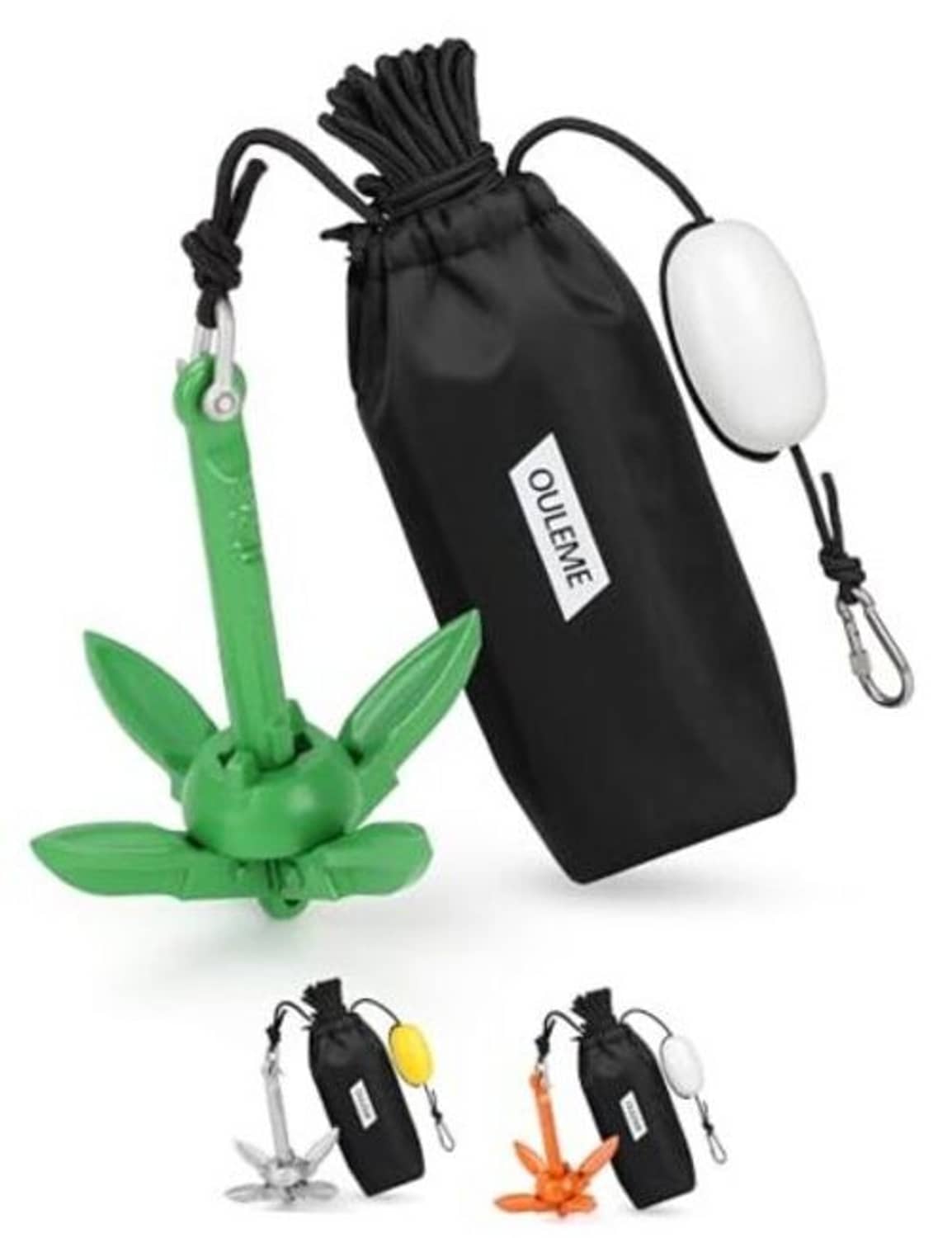 Green 1.5 lb folding grapnel anchor with 40 ft rope, buoy ball and black storage bag