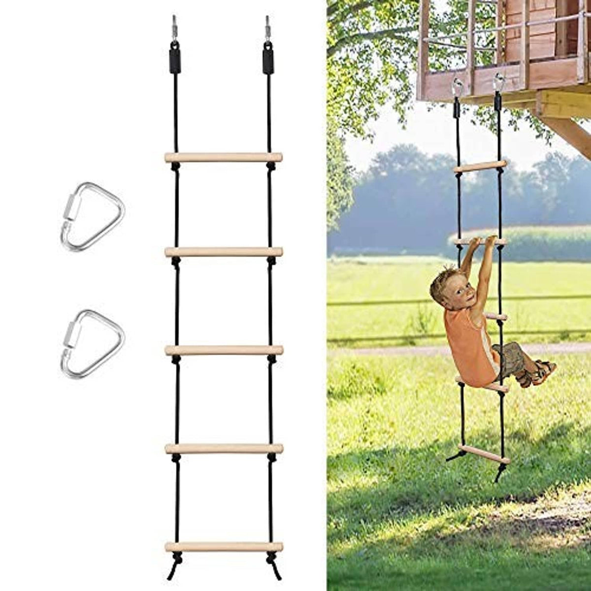 Kids rope ladder swing with wooden rungs and black ropes, with metal carabiner hooks