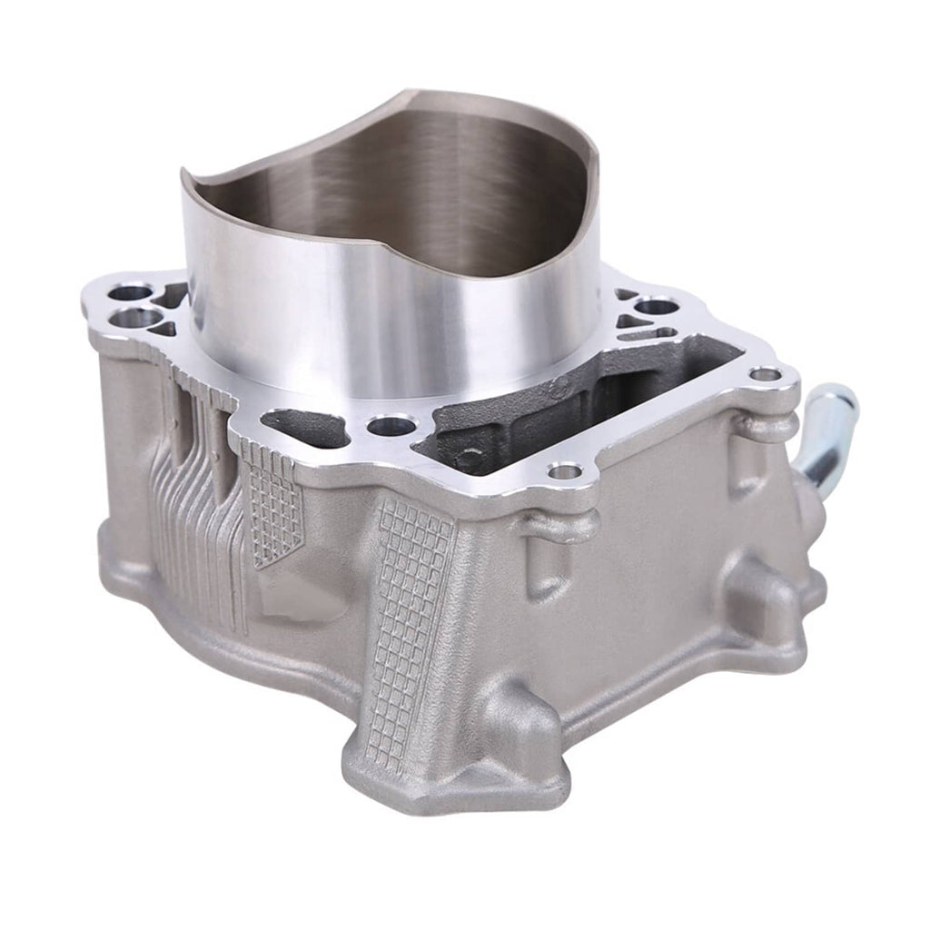 Engine cylinder housing with machined silver bore, mounting holes, and black insert