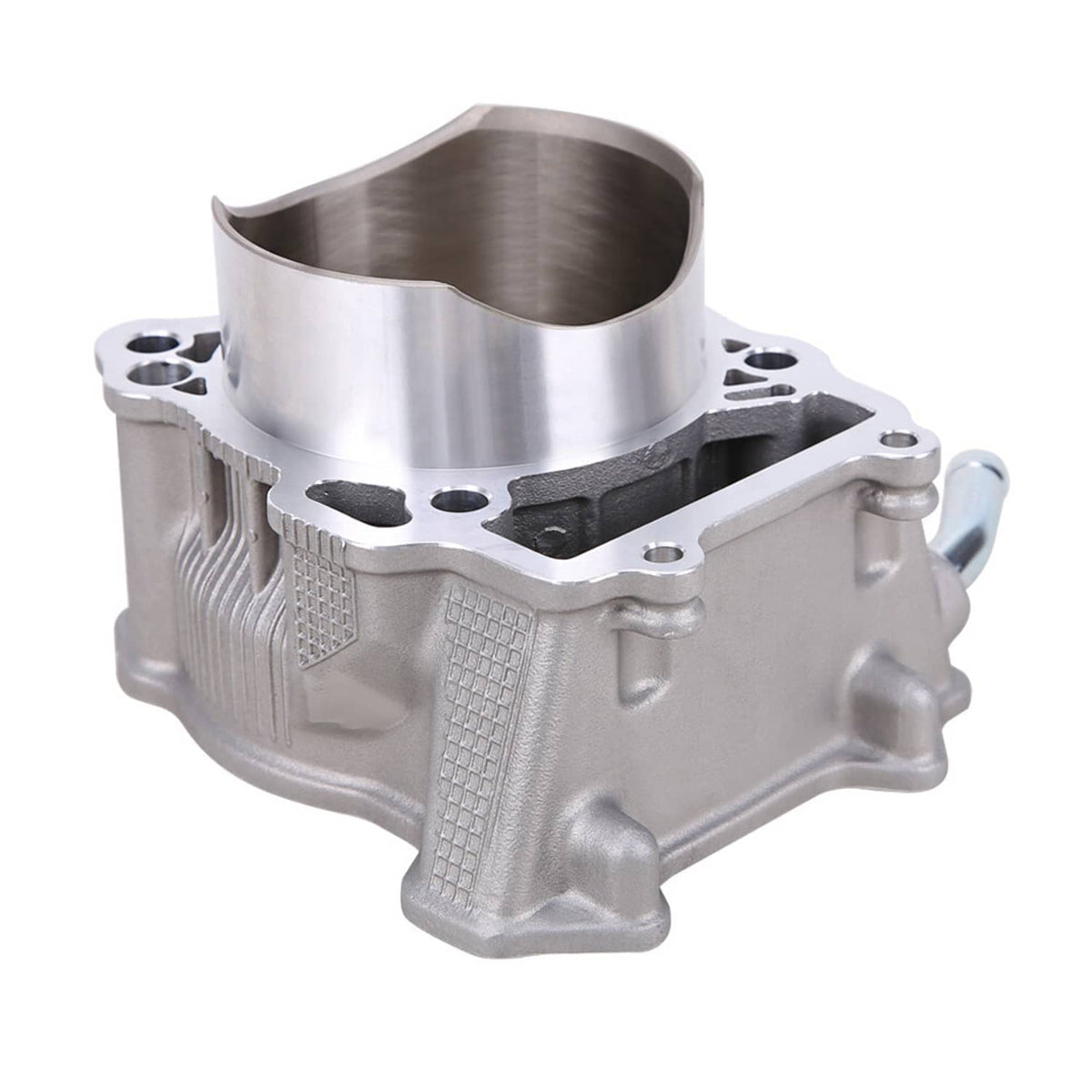 Engine cylinder housing with machined silver bore, mounting holes, and black insert