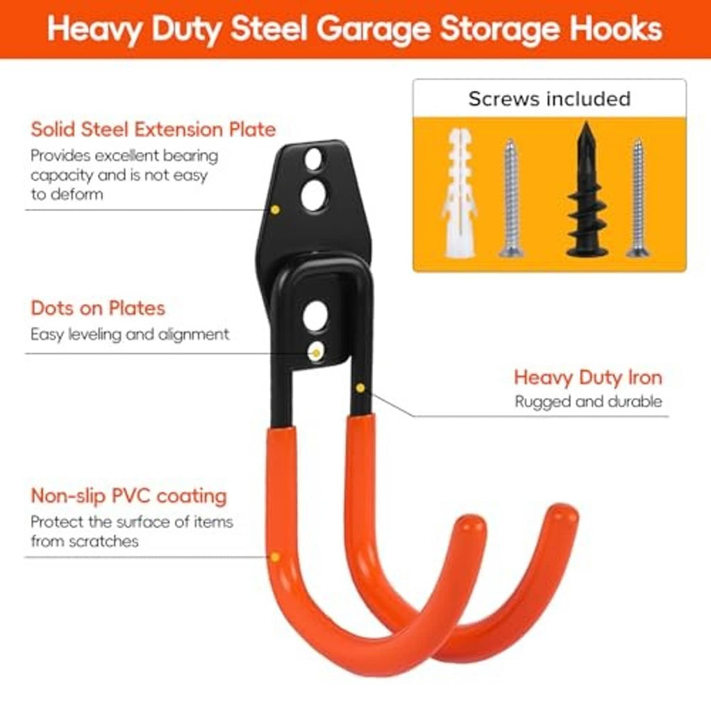 Heavy-duty steel garage storage hook with black plate and orange PVC-coated U arms