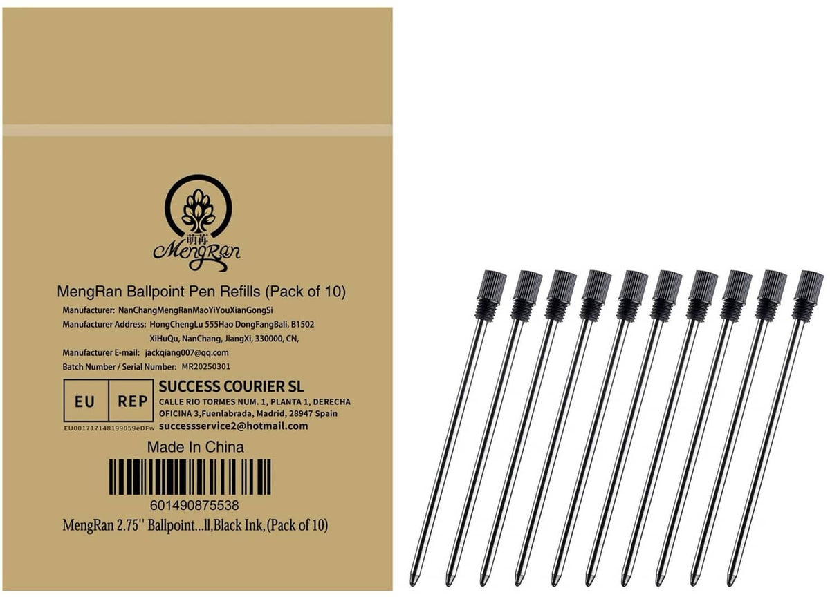 10-pack ballpoint pen refills, black tips, slim silver barrels
