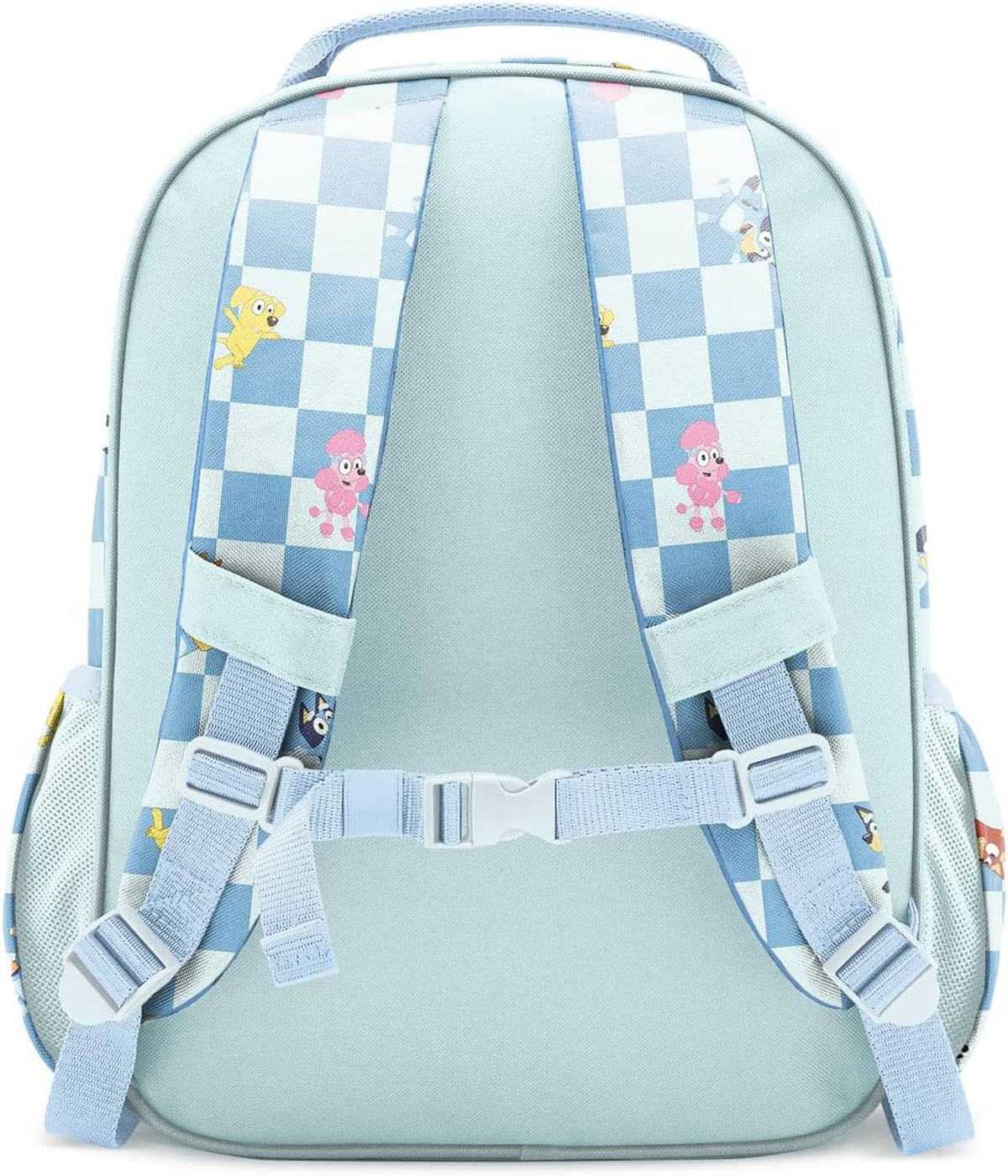 Toddler backpack back panel in light blue check pattern with padded shoulder straps