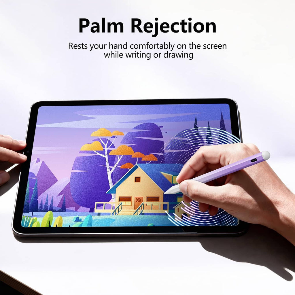 Purple and white stylus pen writing on a tablet with both hands