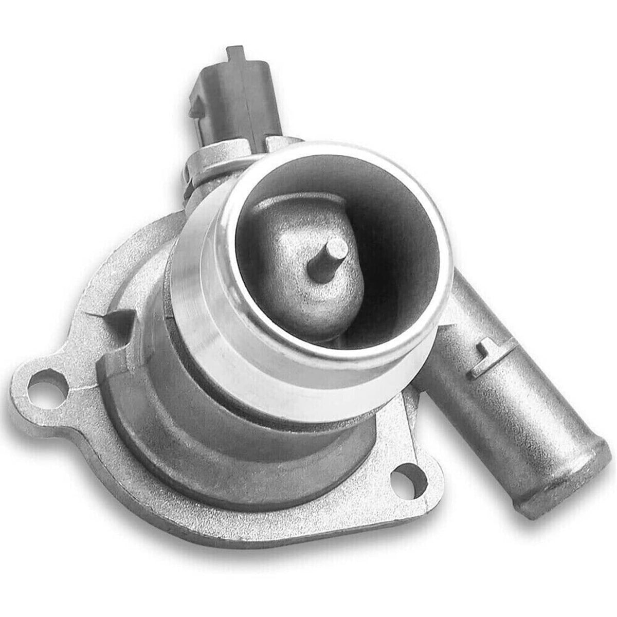 Thermostat housing assembly with open round port and molded metal thermostat body