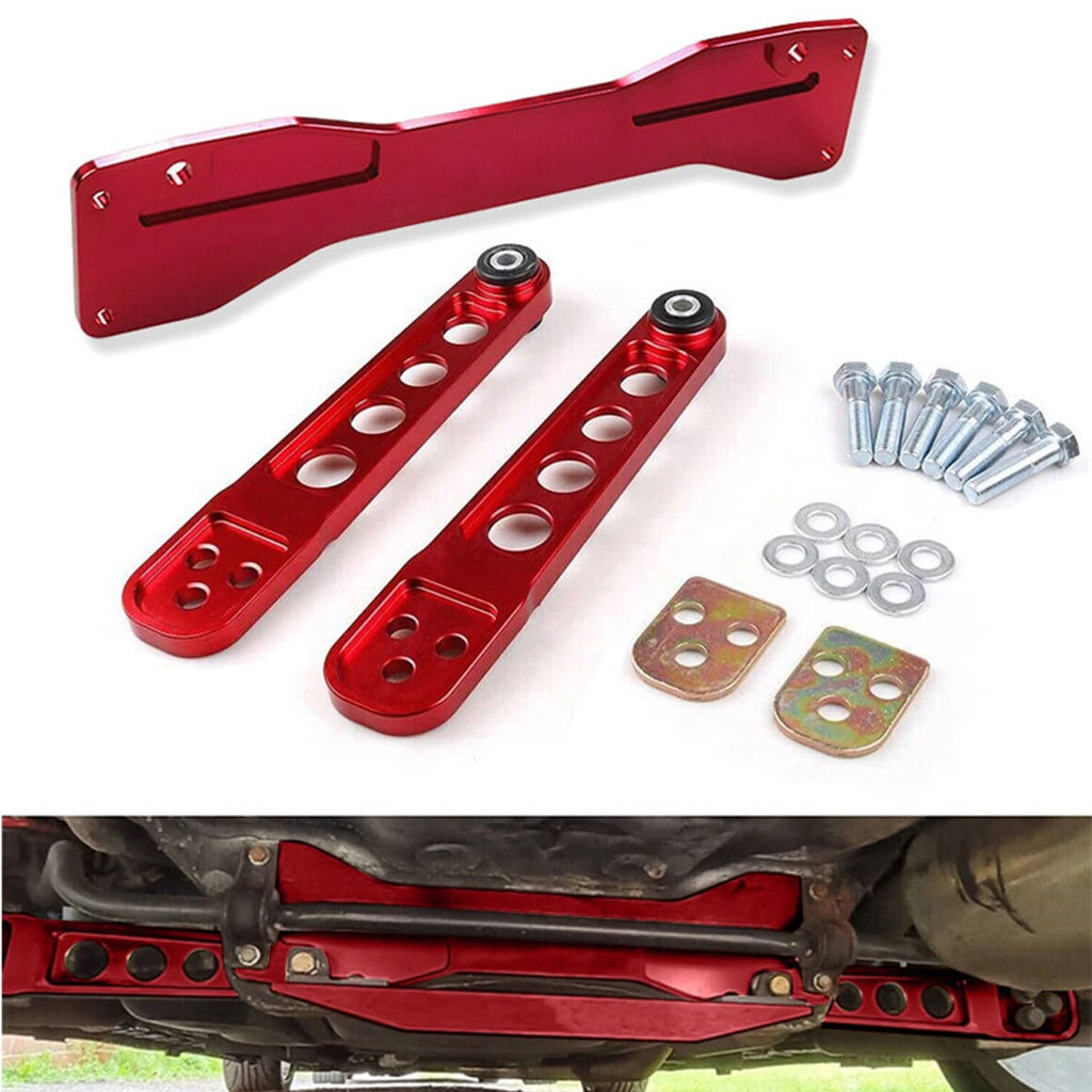 Red rear lower control arm subframe brace kit with mounting brackets and hardware