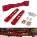 Red rear lower control arm subframe brace kit with mounting brackets and hardware