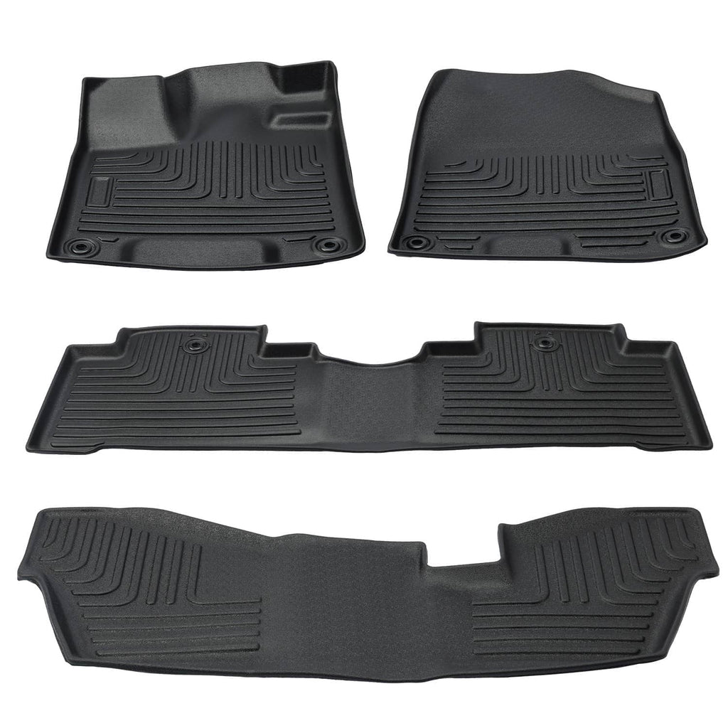 Black all-weather rubber floor mat set with molded channels and cutouts, four pieces