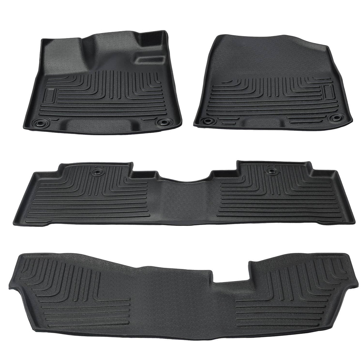 Black all-weather rubber floor mat set with molded channels and cutouts, four pieces