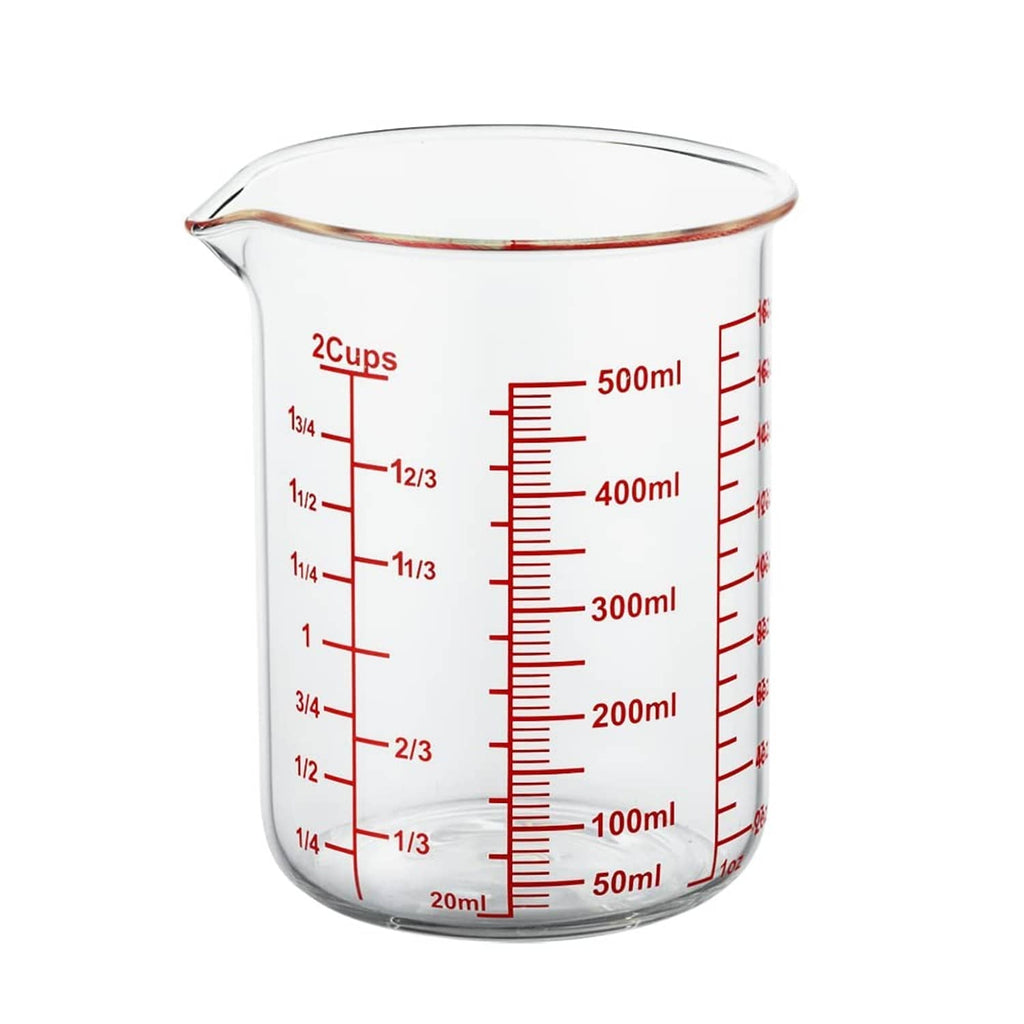 Clear glass measuring cup with V-shaped spout and red measurement lines, 2 cups/500 ml