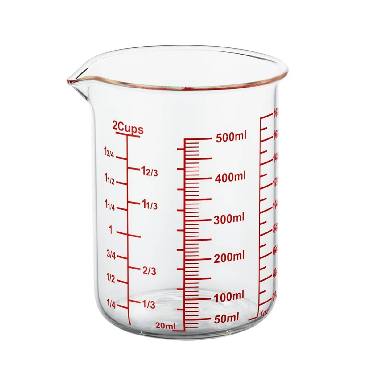 Clear glass measuring cup with V-shaped spout and red measurement lines, 2 cups/500 ml