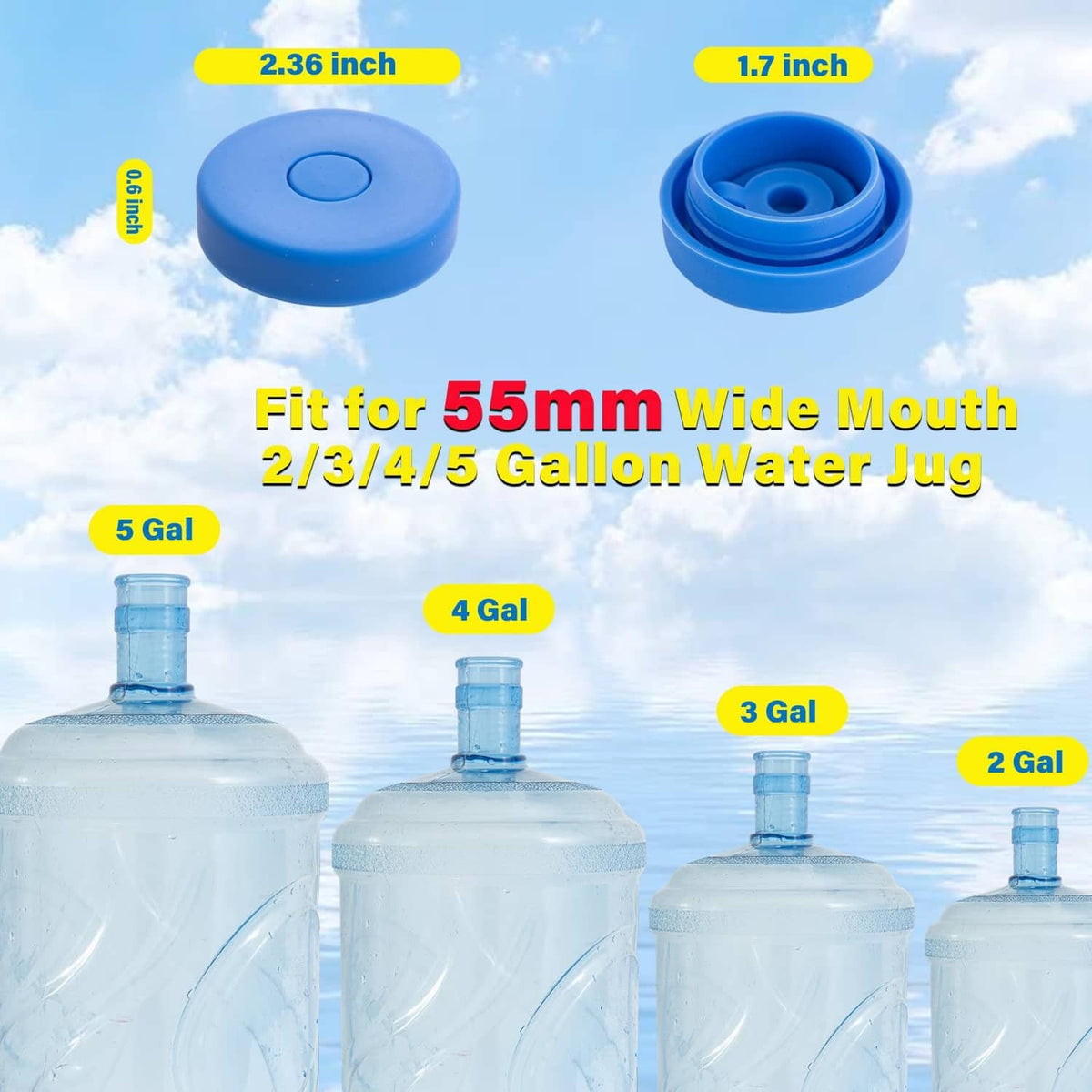 Blue silicone water jug caps (2-pack) for 55mm wide mouth jugs