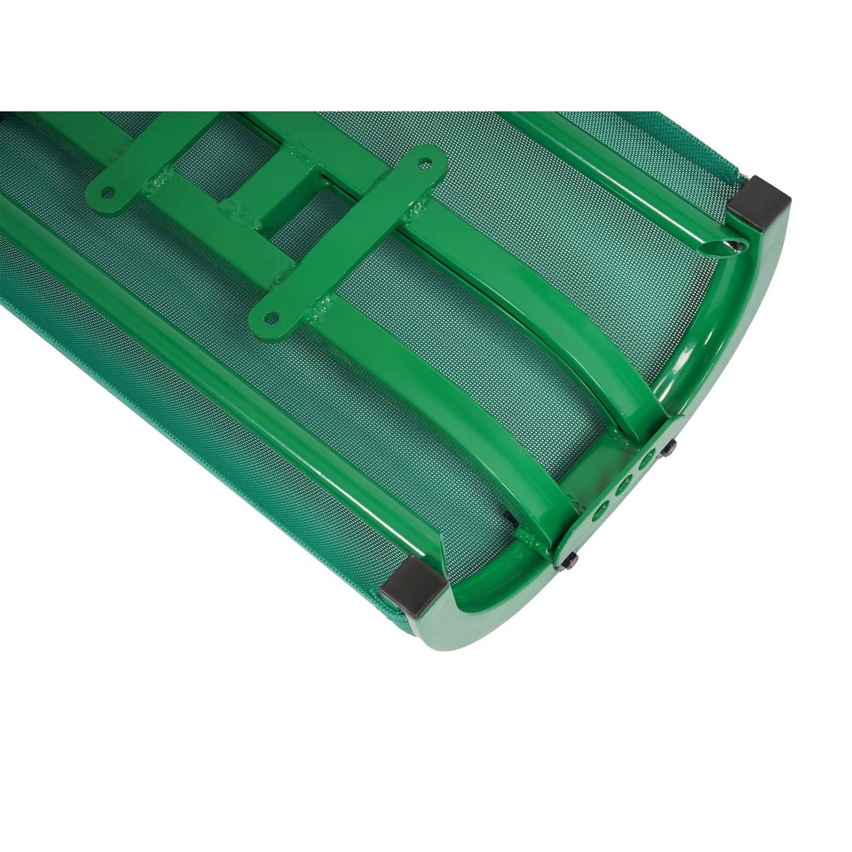 Green mesh seat end with metal frame, brackets, and mounting holes
