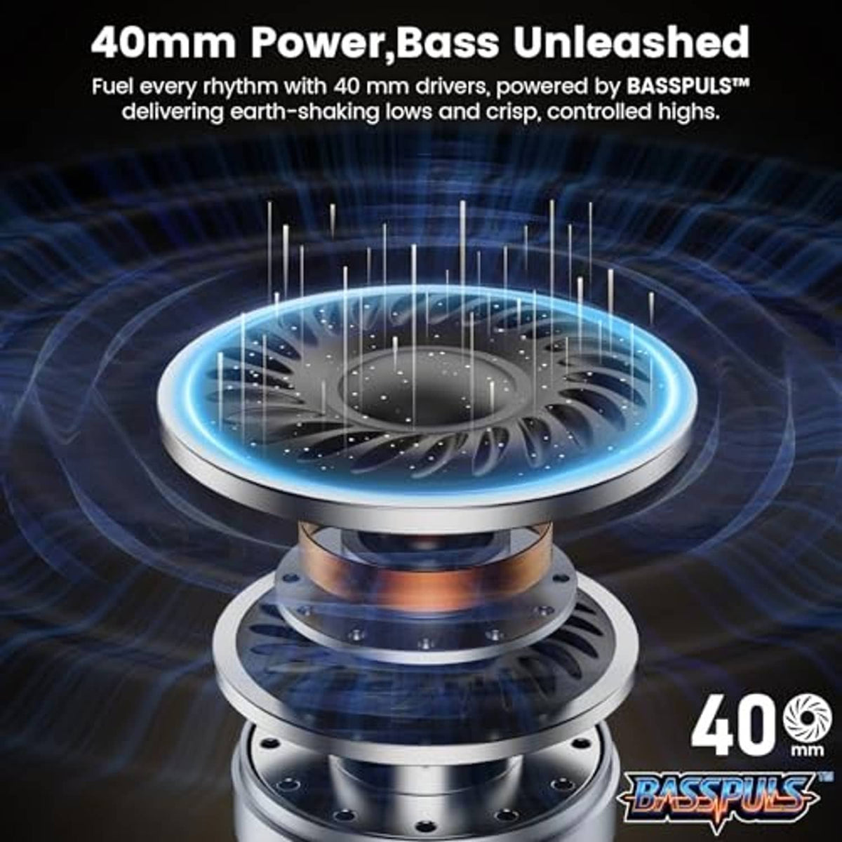 Over-ear headphone driver module with blue light ring display graphic