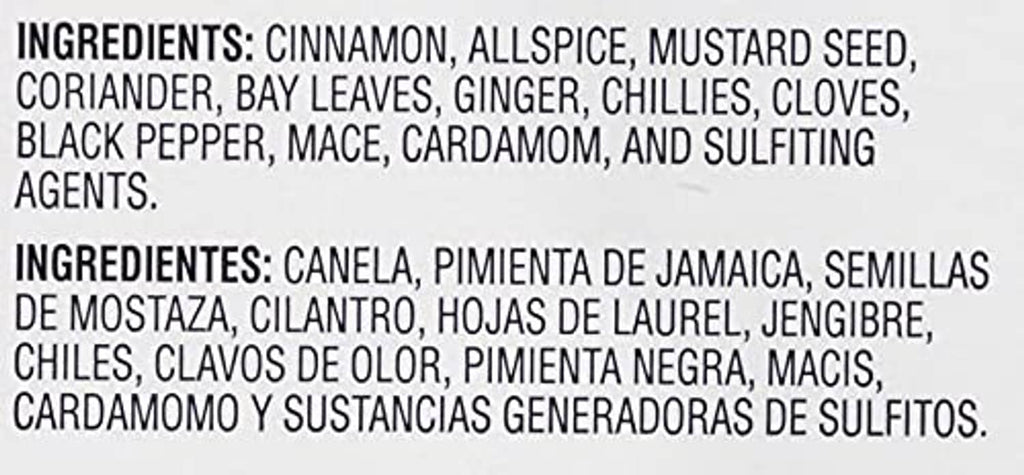 Pickling spice ingredients list label text in English and Spanish