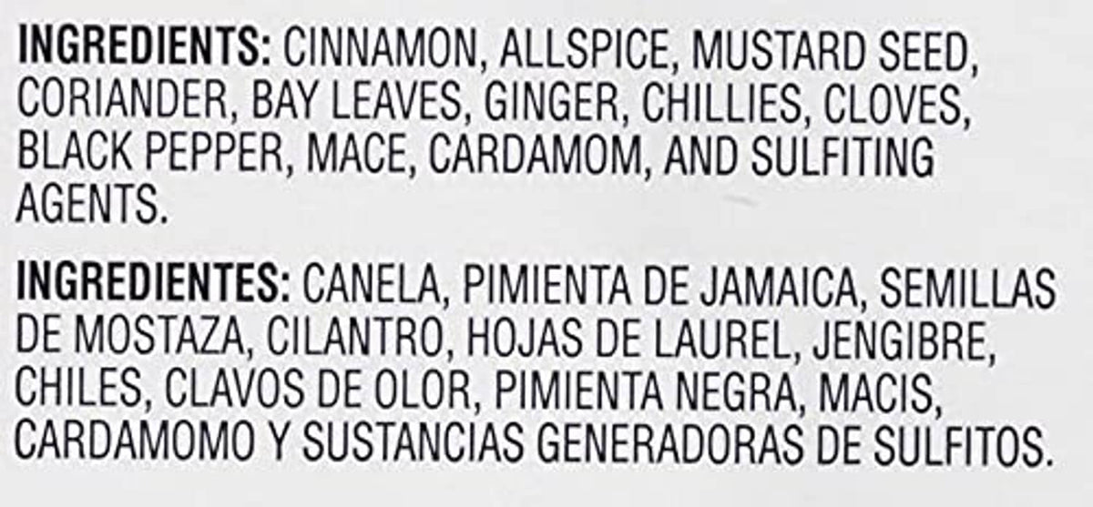 Pickling spice ingredients list label text in English and Spanish