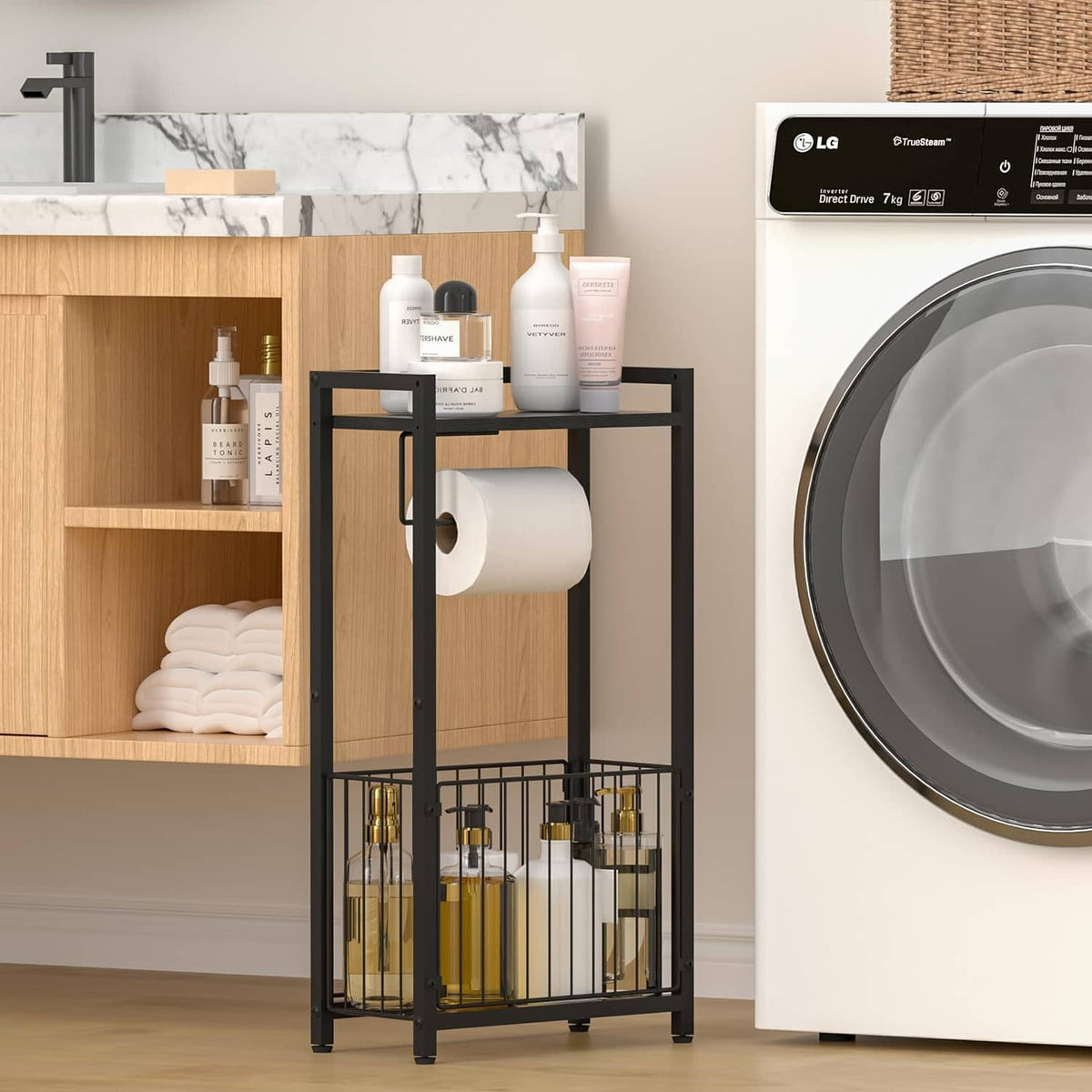 Black freestanding toilet paper holder with two-tier storage and tissue roll
