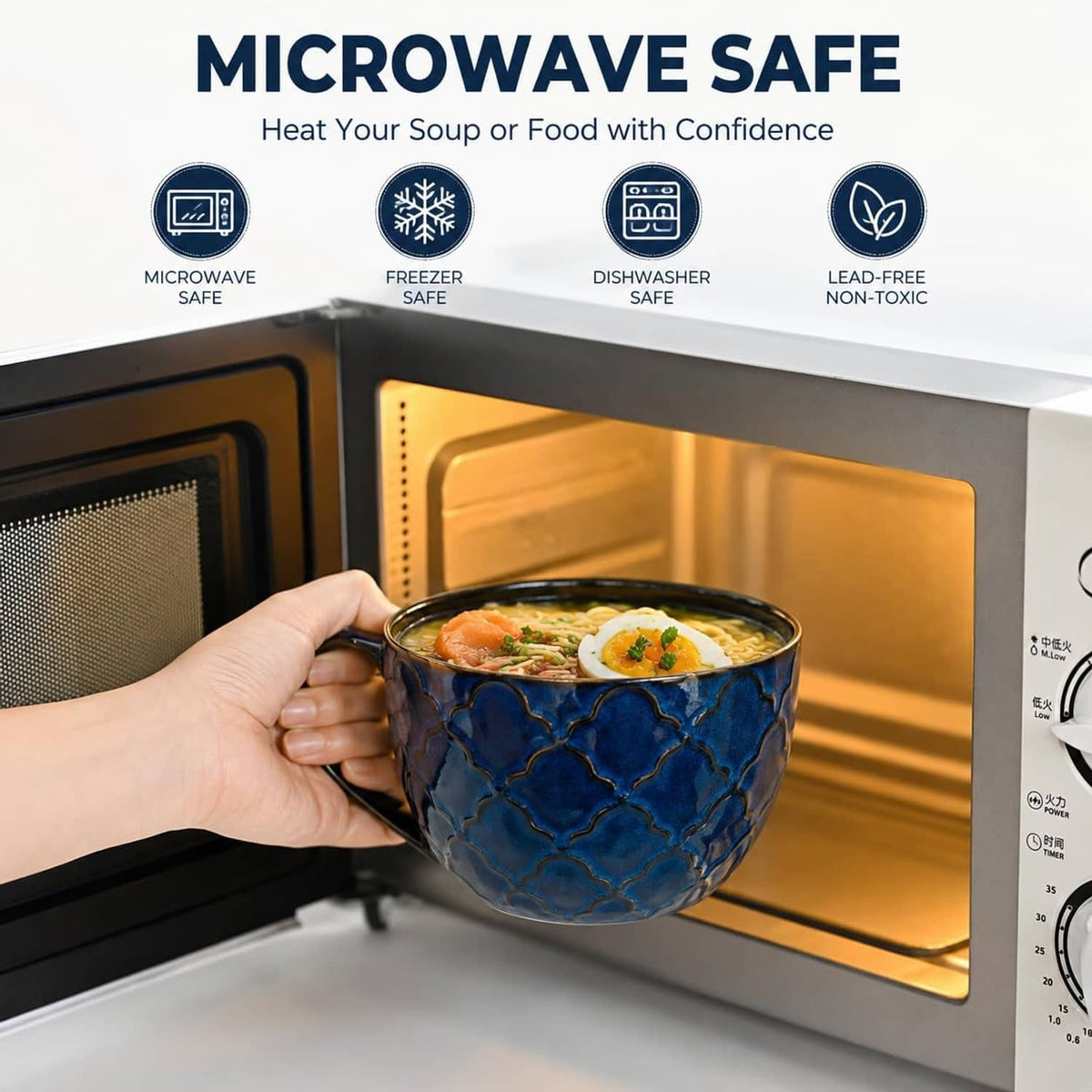 Blue ceramic soup mug with lid and handle inside a microwave, heating food.