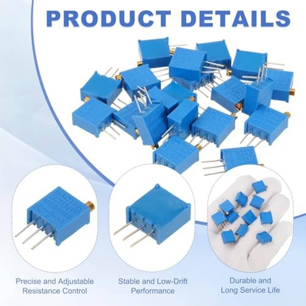 Blue multiturn trimmer potentiometers set, top-adjustable with 3-pin leads