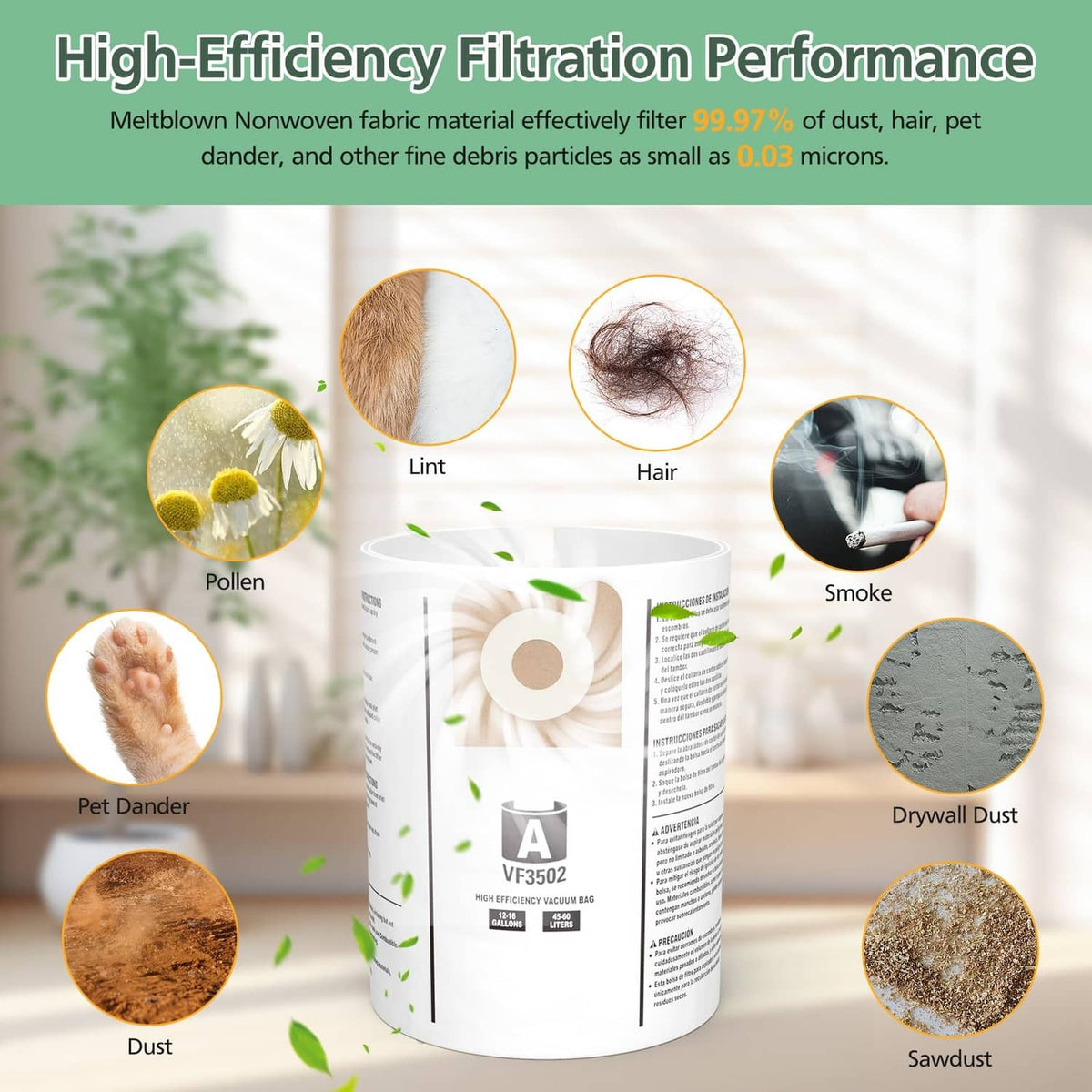 White vacuum dust bag roll with tan inlet seal, styled with filter debris graphics