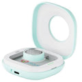 Teal and white portable charging case with open lid and ring holder platform