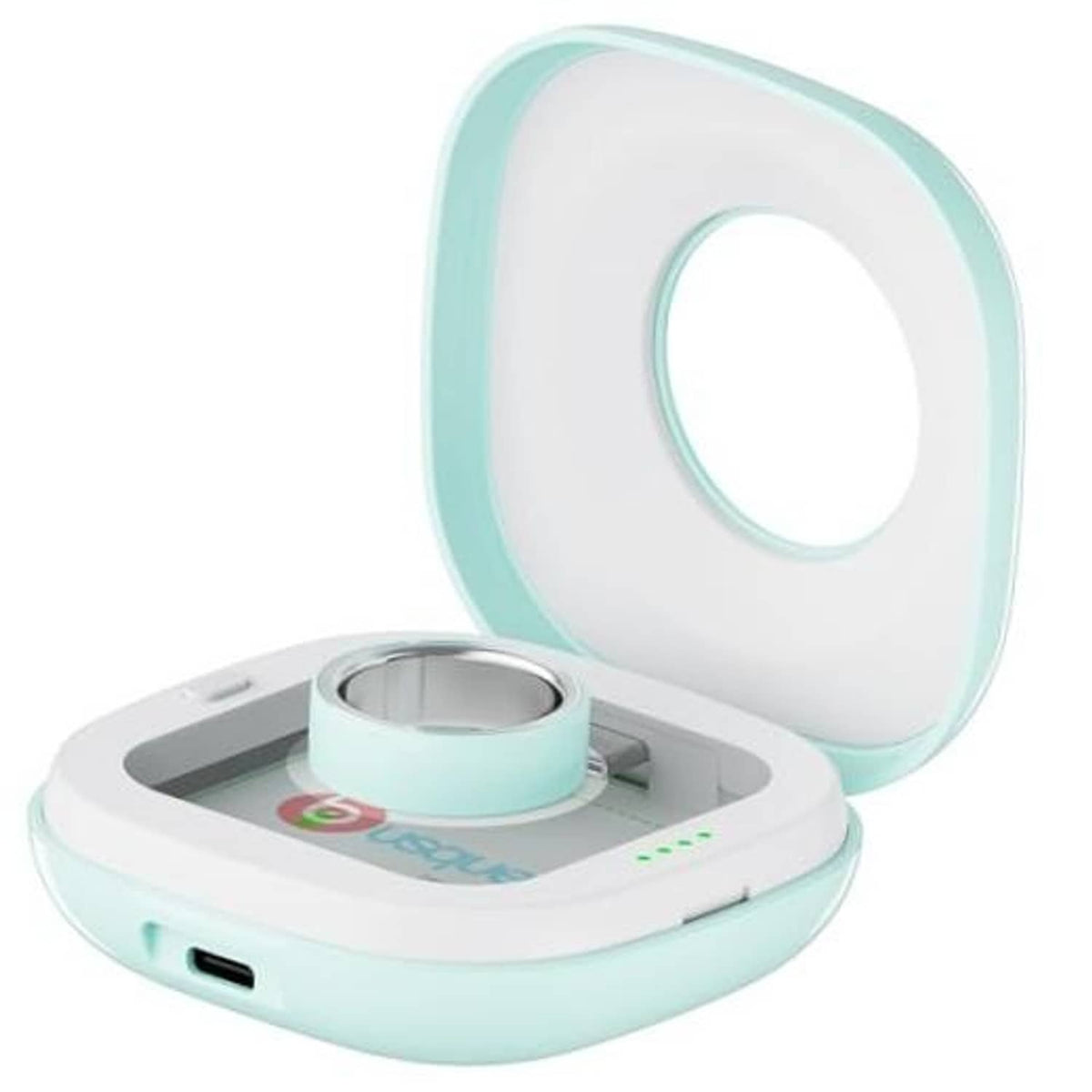 Teal and white portable charging case with open lid and ring holder platform