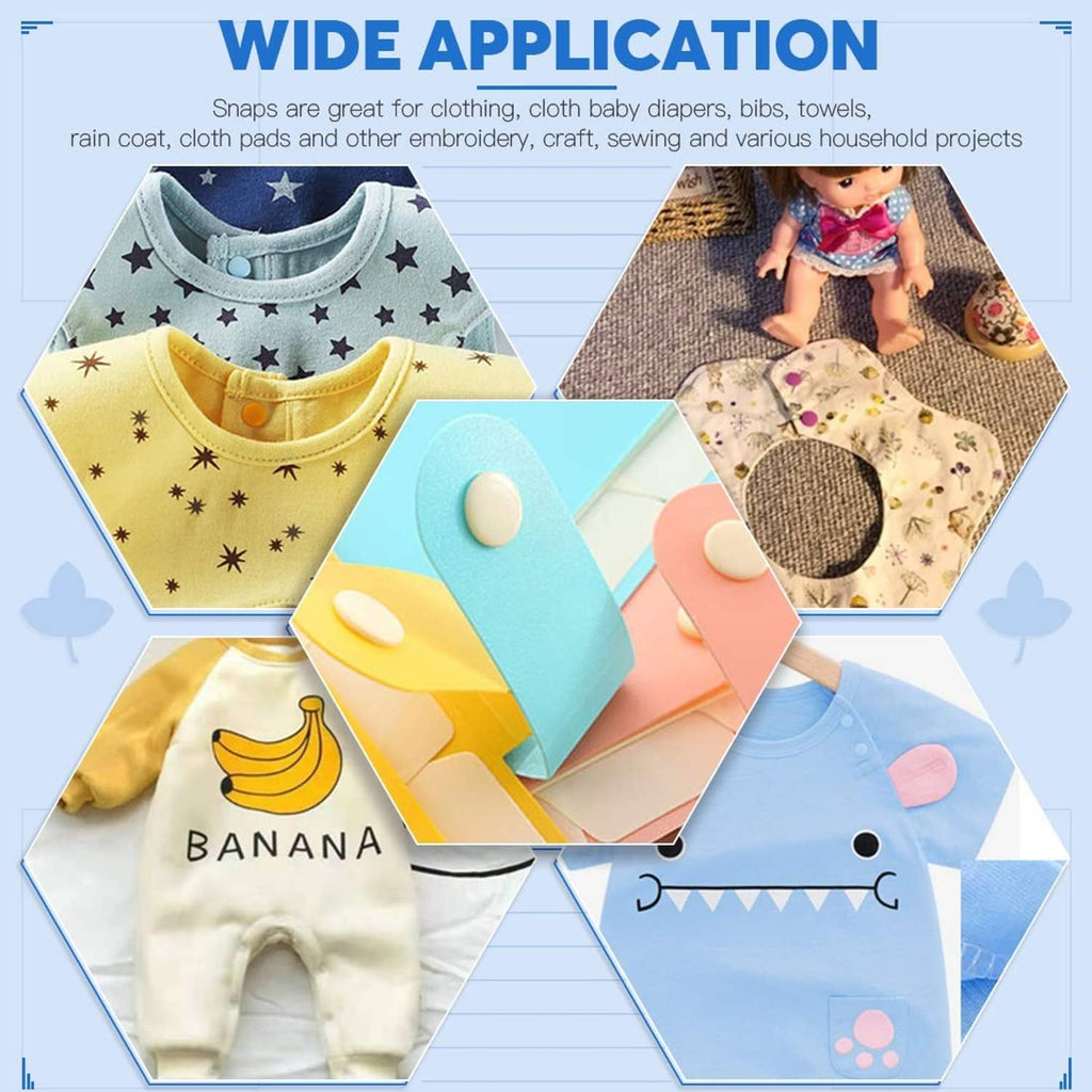 Snap button set for clothing and crafts, shown on folded fabric pieces