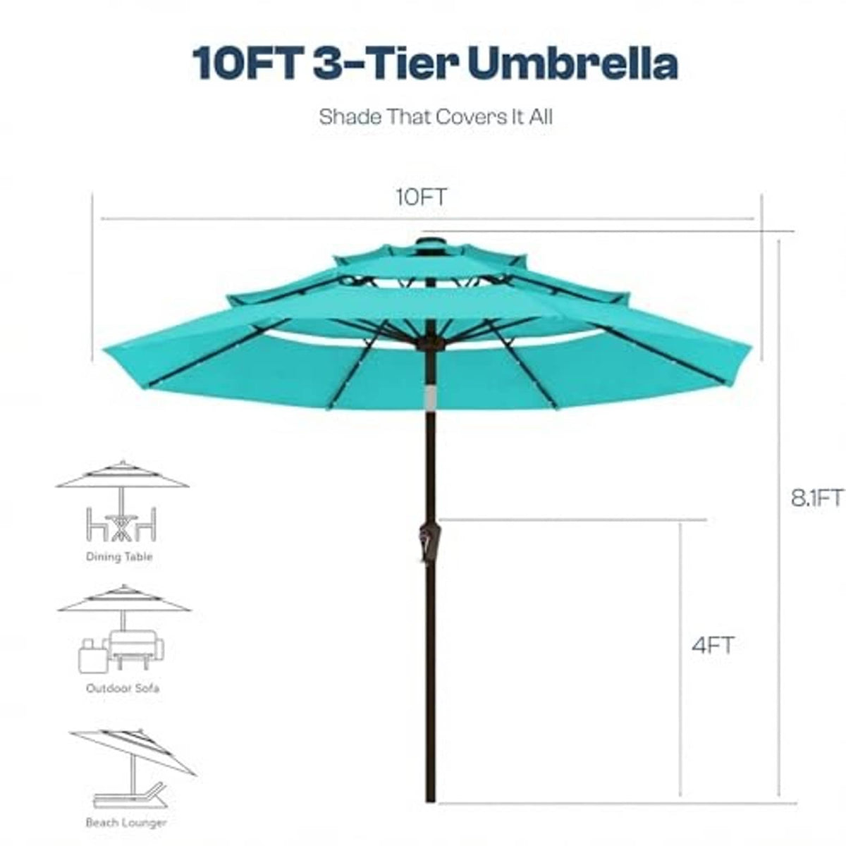 Aqua blue 3-tier patio umbrella with center pole and triple-tier canopy design.
