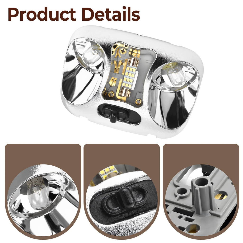 LED cab map lamp assembly with chrome reflectors and visible mounting plate