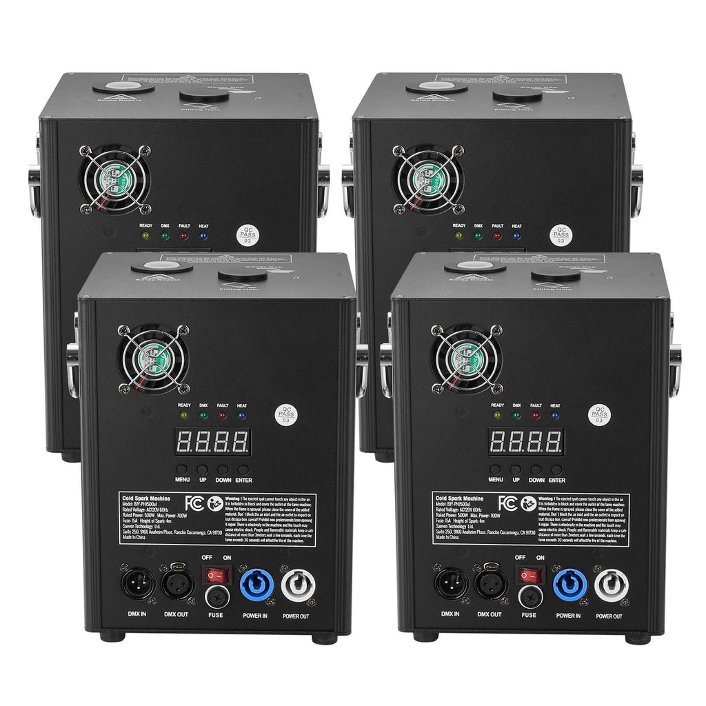 Black cold spark firework machines, four units with circular vent head and display controls