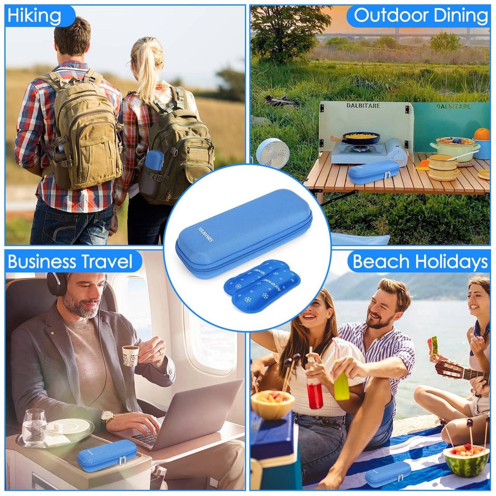 Blue zippered cooler case with matching blue ice pack, compact travel size