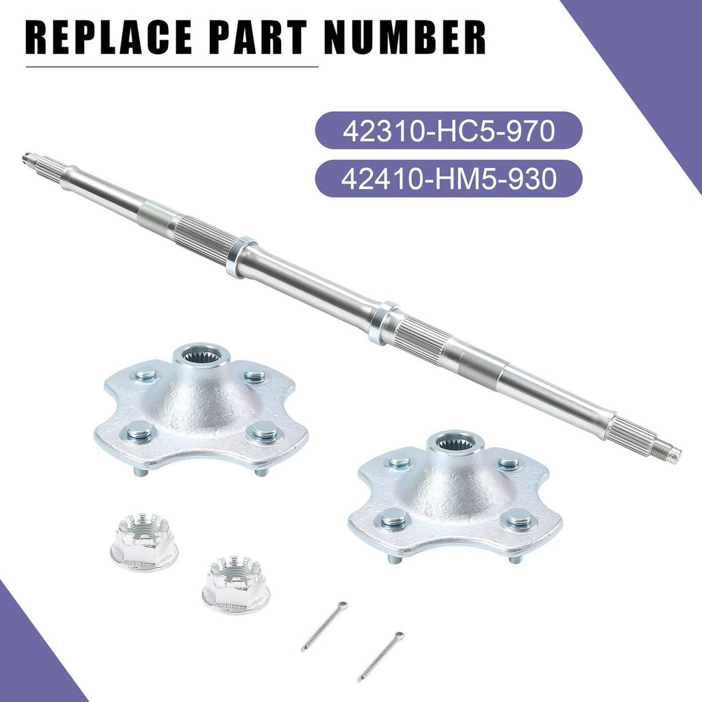 Rear axle shaft with wheel hub flanges and wheel hub nuts, replacement axle kit