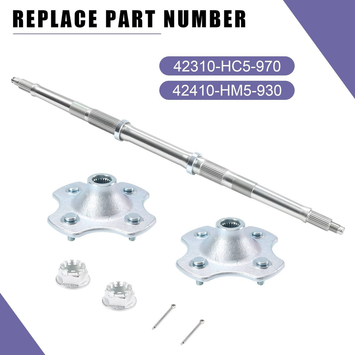 Rear axle shaft with wheel hub flanges and wheel hub nuts, replacement axle kit