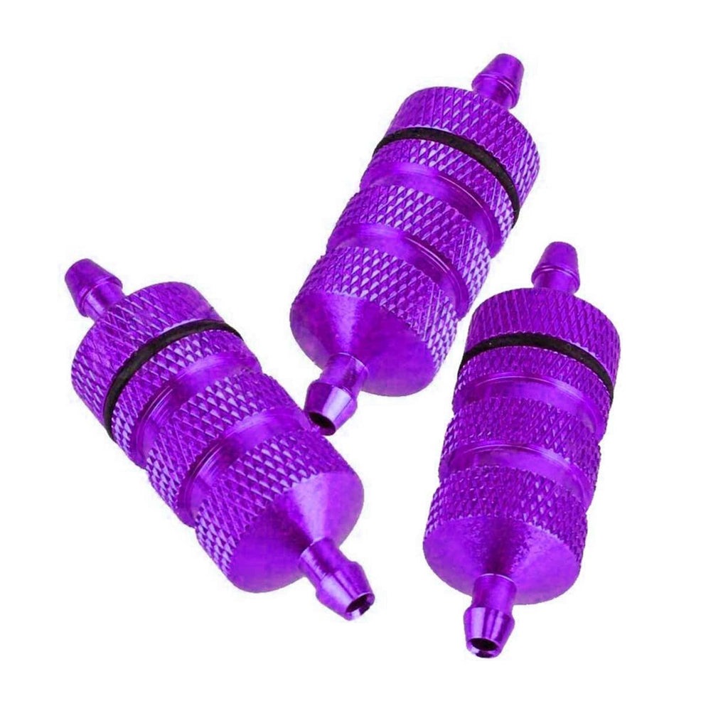 3-pack RC aluminum nitro fuel filters, purple with black rings and outlet nipples